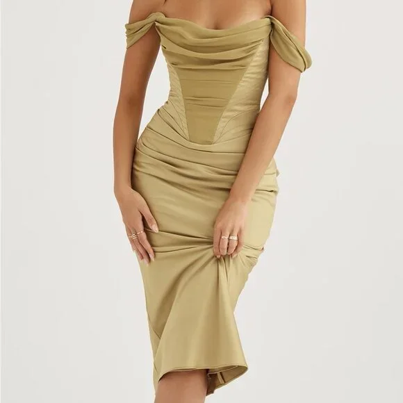 House of CB Natalya Olive Satin Corset Midi Dress S - Picture 2 of 6